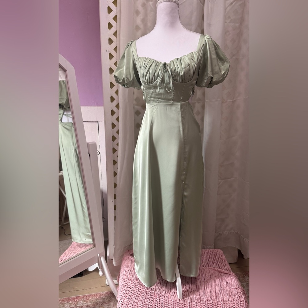 Cider Satin Puff-Sleeve Maxi Dress in Sage Green